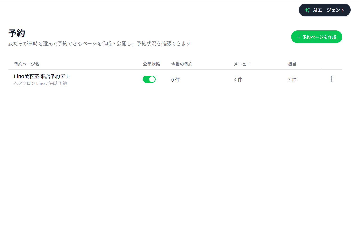 Laiの予約ページ一覧画面。美容室の来店予約ページが公開状態で作成されている